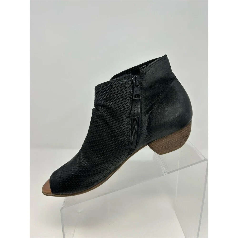 Miz Mooz Camp Ankle Booties Womens Black Peep Toe Side Zip Low Block Heel 40